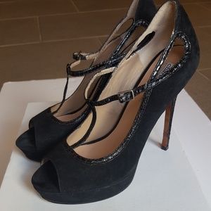 Charles David Black Suede T strap Peep Toe Pumps